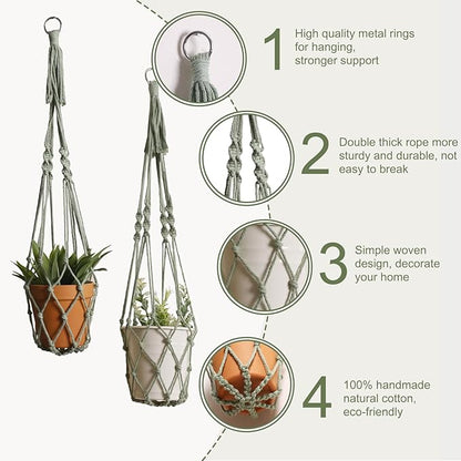 Artilady Macrame Hanging Planter for Indoor Plants, Boho Woven Plant Hanger Large Hanging Flower Pot Holders Outdoor Baskets Storage No Tassels Sage Green Wall Decor (Sage Green-2pcs)