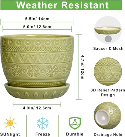 G EPGardening Indoor Plant Pot 5.5 Inch - Ceramic Planter with Drainage Hole and Saucer, Round Boho Plant Pot for Indoor Plants, Plant Lover Gifts, Home Garden Office Decor, Green