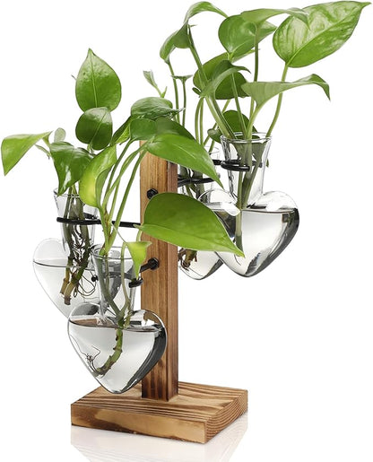Plant Terrarium Propagation Stations with Wooden Stand, Glass Vase for Indoor Hydroponics Home Garden Office Decoration Gift for Women - 4 Love Bulb Vase