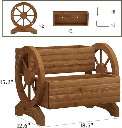 Wooden Wagon Planter Flower Cart with Wheels Garden Box Garden Planter, Decorative Planter for Flowers Herbs Vegetables for Indoor & Outdoor Décor Flower Cart for Patio Garden Balcony (Brown)