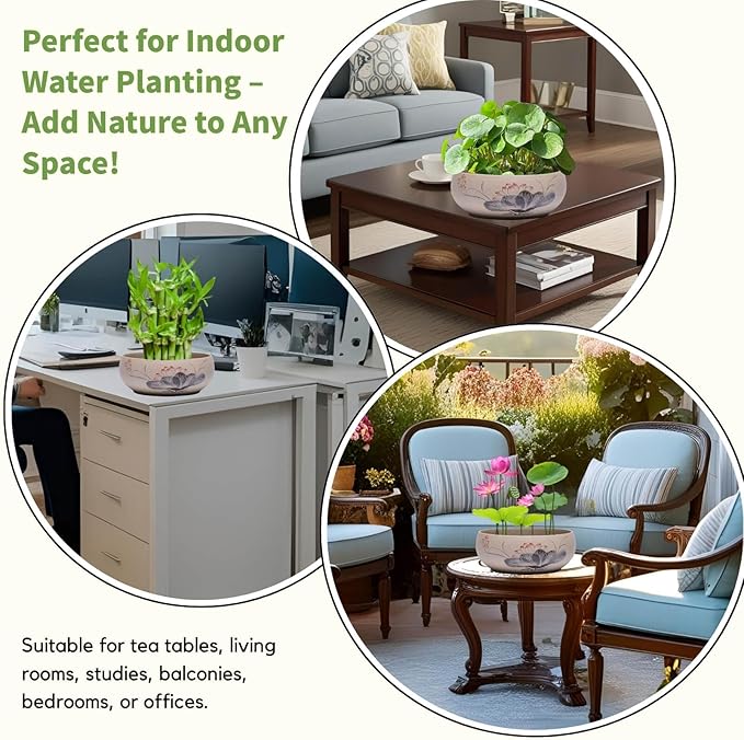 Lotus Bowl Planter, Ceramic Water Lily Bowl, Hydroponic Bonsai Lotus Bowls for Water Plants Indoor, Succulent Pots, Leak-Proof Design, LotusLeaf Pattern (7.56in*2.76in)