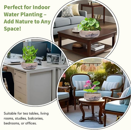 Lotus Bowl Planter, Ceramic Water Lily Bowl, Hydroponic Bonsai Lotus Bowls for Water Plants Indoor, Succulent Pots, Leak-Proof Design, LotusLeaf Pattern (7.56in*2.76in)