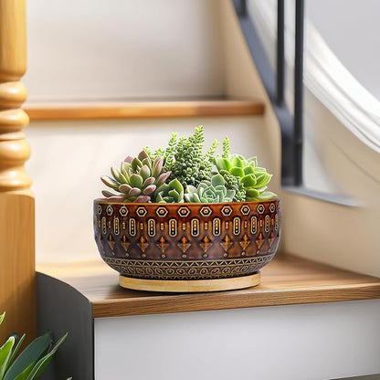 Bonsai Pots - 8 Inch Ceramic Planter with Drainage Hole and Saucer, Boho Round Shallow Succulent Bowl for Indoor Plants Flower, Room Decor, Gifts for Plant Lovers, Brown