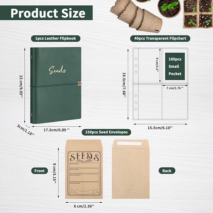 Mkway Garden Seed Storage Organizer Binder - 150 Resealable Seed Envelopes Brown Shell with 40 Sheet Protectors for Efficient Seed Packet Organization - Green