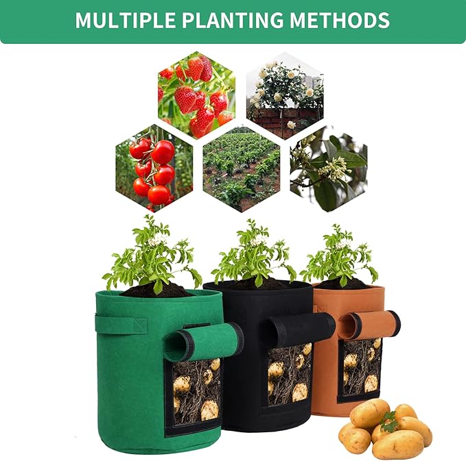 6-Pack 7 Gallon Grow Bags with Harvest Window Thickened 300g Nonwoven Fabric Heavy Duty Plant Pots for Vegetables Potato Coriander Containers with Handles Mix (2xBlack,Green,Orange)