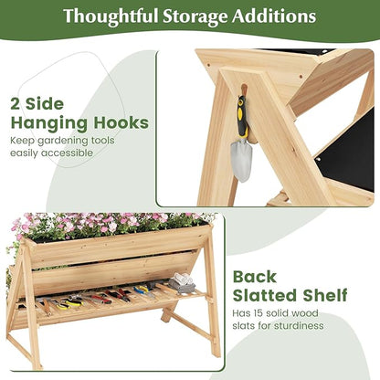 3-Tier Raised Garden Bed, Vertical Garden Planter w/Storage Shelf, Bed Liner & 2 Side Hooks, Wood Elevated Planter Box Outdoor for Plants Vegetables Flowers Herbs,Natural
