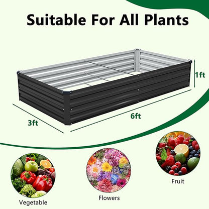 2 Pack 6x3x1FT Galvanized Raised Garden Bed Kit, Outdoor Metal Planter Box for Vegetables, Bottomless Rectangular Gardening Bed with Support Rods, Tool-Free Assembly, Black