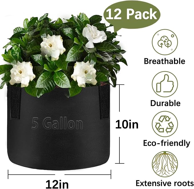 TCBWFY 5 Gallon Grow Bags,12 Pack Heavy Duty Thickened 300g Non-Woven Fabric Pots with Sturdy Handles,Garden Bags to Grow Vegetables Flowers