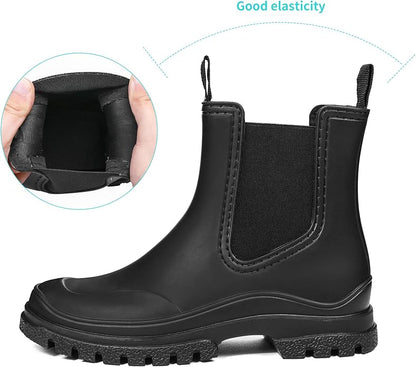 DKSUKO Rain Boots Women Waterproof Chelsea Boots Ankle Garden Shoes for Ladies Rubber Short Rainboots with Removable Comfort Insole for Outdoor Work Deck Mud Boots