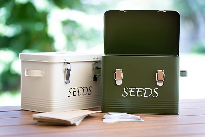 Seed Storage Box Garden Seed Packet Storage Organizer Seed box with dividers, Comes with 10 Seed envelopes, 10 Plant Labels