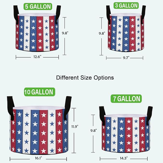 7 Gallon 4th of July Independence Day Stars Stripes Breathable Grow Bag Heavy Duty Thickened Plant Pots Containers with Handles for Tomato Potato Fruits Vegetables Flowers