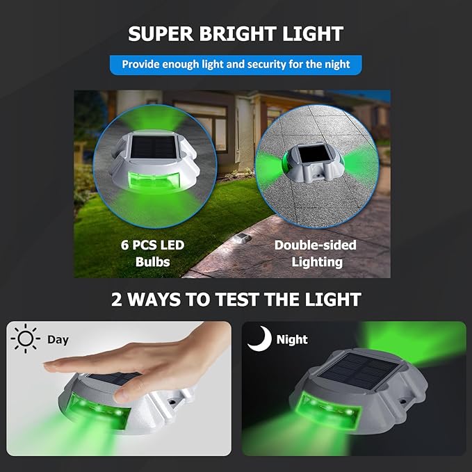 JIGUOOR Solar Deck Lights LED Driveway Lights Solar Powered Dock Light Outdoor IP68 Waterproof Road Markers for Step Sidewalk Stair Boat Garden Ground Pathway Yard (Green, 1 Pack)