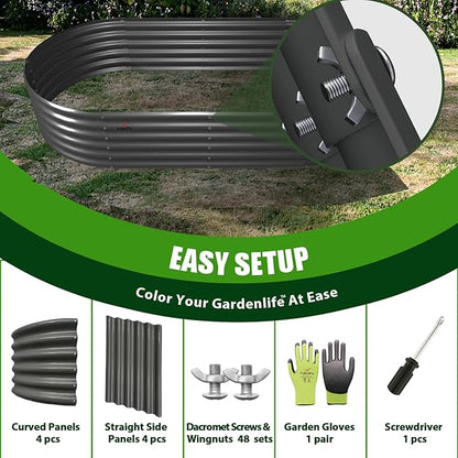 A ANLEOLIFE 6X2X1.5 ft Galvanized Raised Garden Beds Outdoor, Oval Round Metal Planter Box for Planting Vegetables Flowers Herb, Anti-Rust & Easy-Setup, Quartz Grey