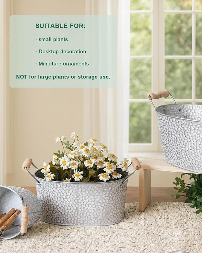 Galvanized Metal Oval Planter Buckets with Handles – Set of 3 Rustic Farmhouse Flower Tubs with Drain Holes & Plugs, Vintage Small Pots for Herbs, Succulents, Wedding or Tabletop Decor (Stone style)