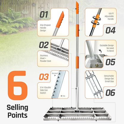 Lawn Leveling Rake, 2-in-1 Double Side can Switch, with 20pc Marking Flags to Mark Low Spot, Stainless + Powder-Coat, FLAT Level Soil/Dirt/Compost on Lawn, SERRATED Rake Dead Grass/Ruts/Gravel on Yard