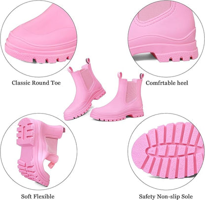 DKSUKO Rain Boots Women Waterproof Chelsea Boots Ankle Garden Shoes for Ladies Rubber Short Rainboots with Removable Comfort Insole for Outdoor Work Deck Mud Boots