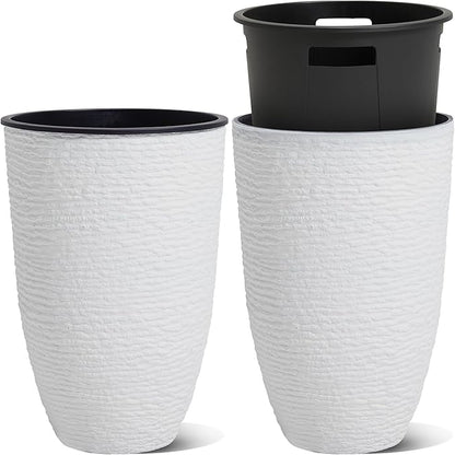 WORTH Garden 2-Pack 21" H. White Tall Planters with Inside Pots - 14'' Dia Plastic Large Round Plant Tree Pots - Decorative Imitation Stone Finish for Indoor Outdoor Front Porch Container Patio