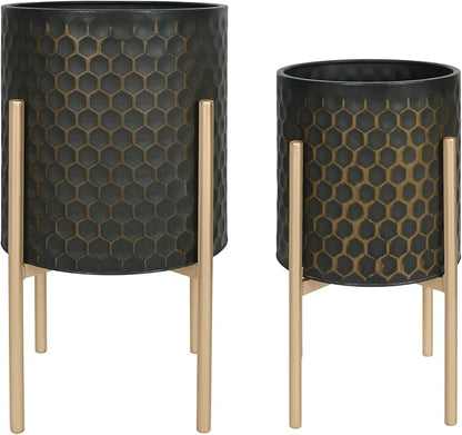 Oakrain Mid Century Planters for Indoor Plants, Set of 2, Modern Decorative Metal Pots for Living Room, Office, Garden or Balcony, Black&Golden Honeycomb, 10inch&12inch