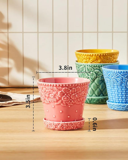 Succulent Ceramic Pots, 3.8 Inch Small Plant Pots with Drainage Hole & Saucer, Flower Planter Pot for House Plants Cacti, Home Decor, Set of 4, Assorted Colors