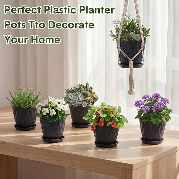 24 Pack 4 Inch Plant Pots Bulk Small Pots for Succulents Waffle Texture Plastic Planter with Drainage Holes and Saucers for Indoor Outdoor Plants Flowers, Seedlings (Black)