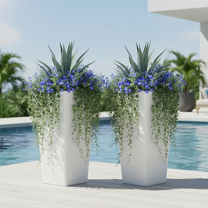 GreenShip 27 inch Tall Planters for Indoor Outdoor Plants, Set of 2 - Large Whitestone Flower Pots with Drainage & Inner Shelf, Modern Decorative Garden Pots for Porch, Patio, Front Door