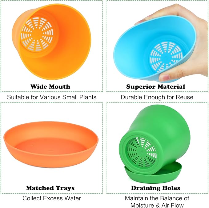 60 Pieces Plastic Planters 4 Inch Flower Pot with Trays Labels Multicolor Flower Plant Pots Plants Nursery Pots Flower Seedling Nursery Pots for Indoor Outdoor Plant, Herb, Succulent, 10 Color