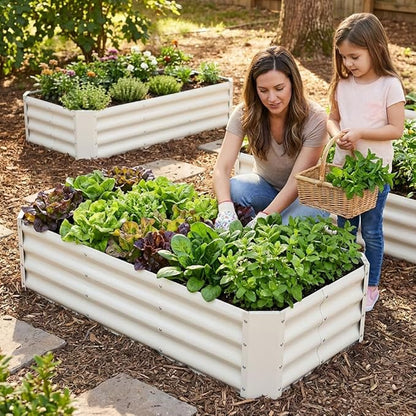 INNO STAGE 2Pcs Galvanized Raised Garden Bed Kit, 4x2x1FT Metal Raised Garden Beds for Vegetables, Rust-Resistant & Easy Assembly, Outdoor Raised Beds for Gardening, Flowers, Herbs (White)