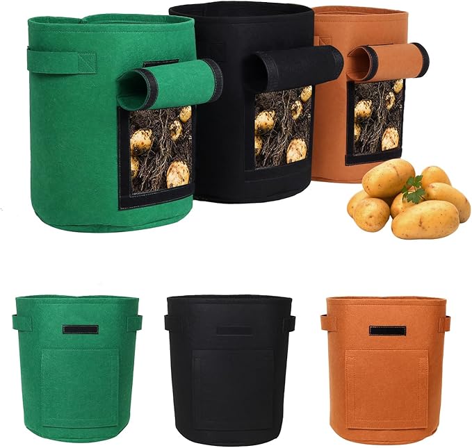 6-Pack 10 Gallon Grow Bags with Harvest Window, Thickened Fabric Plant Pots for Vegetables Potato Tomatoes Outdoor Gardening Containers with Reinforced Handles Mix (2xBlack,Green,Orange)