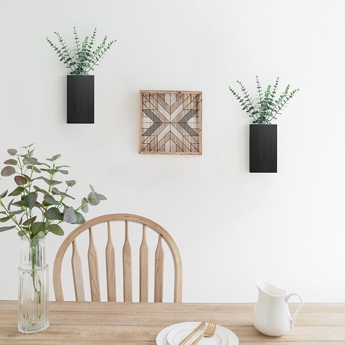 Dahey 2 Pack Wood Wall Planter Vase with Artificial Eucalyptus Farmhouse Wall Hanging Decor Pocket Planter for Indoor Fake Plants Greenery, Living Room Bedroom Kitchen Home Office Decoration, Black