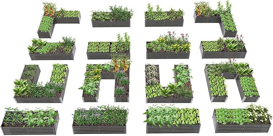 A ANLEOLIFE 16-Piece 18 Inch Tall Galvanized Raised Garden Beds Kit, Rectangular,U-Shaped & L Shaped Metal Planters – Ideal for Backyard Structured Garden Layouts, Quartz Grey