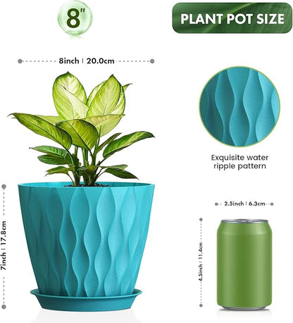 8 Inch Plant Pots, 4 Pack Plastic Planters for Indoor Outdoor with Drainage Holes & Saucers, Waffle Texture Flower Pots for Indoor Plants, Indoor Plant Pots for Monstera, Fiddle Leaf Fig Colorful