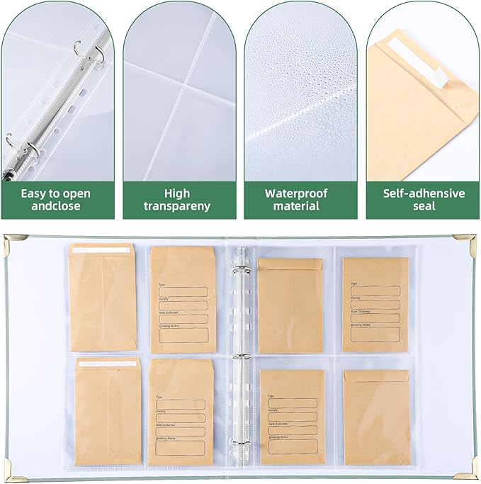 Seed Storage Organizer Binder with 100 Pcs Seed Envelopes and 50 Pack Sheet Protectors That Stores 200 Envelopes Garden Holder Book Collecting Template for Garden Lover