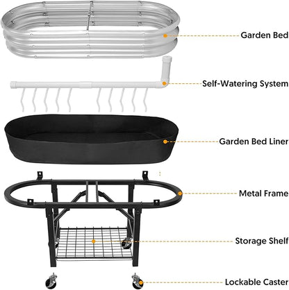 Raised Garden Bed with Legs and Heavy Duty Wheels, Self-Watering Planter Box, Easy-Install Foldable Stand, Galvanized Metal Elevated Wicking Bed with Liner for Indoor Outdoor Gardening