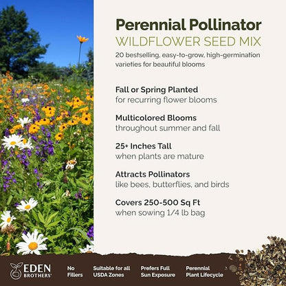 Eden Brothers Perennial Pollinator Wildflower Mixed Seeds for Planting, 1/4 lb, 120,000+ Seeds with Blue Flax, Coneflower | Attracts Pollinators, Plant in Spring or Fall, Zones 3, 4, 5, 6, 7, 8, 9, 10