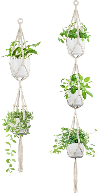 Macrame Plant Hanger - Fits 4 to 8 inches Pots for Indoor Outdoor, 49"/72" 2 Sizes Set, Ivory (POTS NOT Included)
