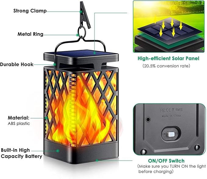 TomCare Solar Lights Outdoor Flickering Flame Solar Lantern Outdoor Hanging Lanterns Decorative Outdoor Lighting Solar Powered Waterproof LED Flame Lights for Patio Garden, 2 Pack(Black)