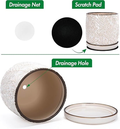 D'vine Dev 10 Inch Embossed Leaves Stoneware Planter Pot with Drainage Hole and Saucer, Smoked White, 27-A-P-1