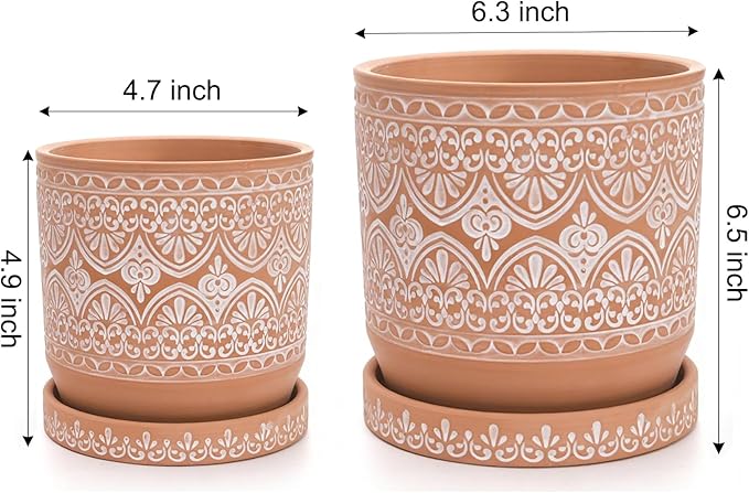 Suwimut Set of 2 Terracotta Plant Pots 4 Inch 6 Inch, Small Medium Clay Planter Pot, Ceramic Cactus Flower Succulent Pot with Drainage Hole and Saucer for Indoor Outdoor Plants