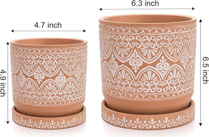 Suwimut Set of 2 Terracotta Plant Pots 4 Inch 6 Inch, Small Medium Clay Planter Pot, Ceramic Cactus Flower Succulent Pot with Drainage Hole and Saucer for Indoor Outdoor Plants