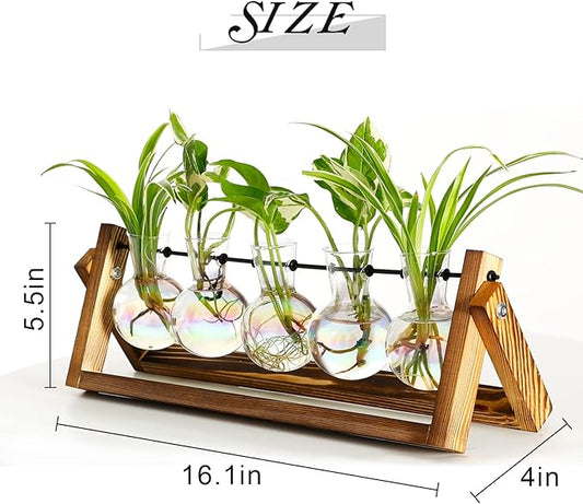 XXXFLOWER Plant Terrarium with Wooden Stand, Wall Hanging Glass Planter Tabletop Propagation Station Metal Swivel Holder Retro Rack for Hydroponics Home Garden Office Decoration - 5 Bulb Vase