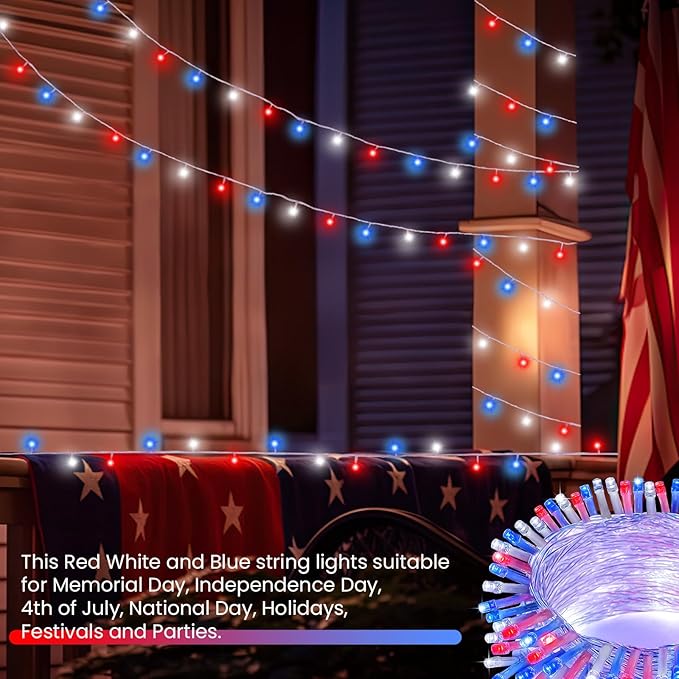 2 Pack Red White and Blue Fairy Lights Battery Operated, 33FT 100LED July 4th Patriotic String Lights with Timer, 8 Modes Waterproof Twinkle Light Indoor Outdoor for Independence Day National Day