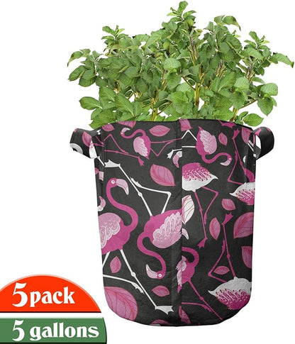 Ambesonne Plant Grow Bags 5-Pack, Cactus Buds Types Pattern, Heavyduty Fabric Pots with Handles for Plants, Green Blue