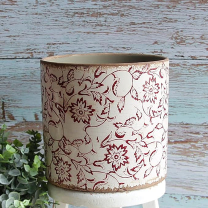 Decorative Planter Cachepot for Indoor Plants & Artificial Flowers, Terracotta Pots Vintage Rustic Ceramic Flower Pots, French Country Style for Bookshelf & Tabletop Home Decor, Gift (Burgundy)