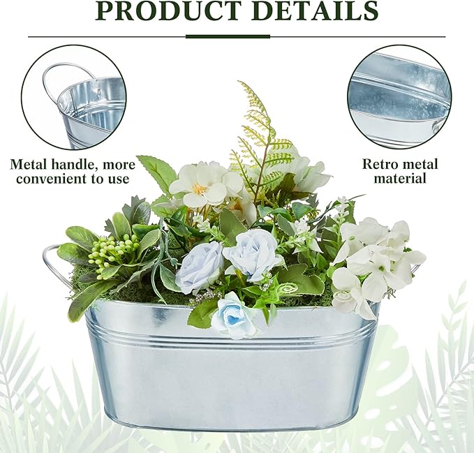 Sabary 6 Pcs Small Galvanized Oval Planters Tub Galvanized Buckets with Handle Oval Metal Pail Flower Pot Rustic Farmhouse Home Decor for Outdoor Party Wedding (9.84 x 5.31 x 4.33 Inch)