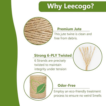 Leecogo 3mm 6Ply Jute Twine, 328 Feet,Heavy Duty for Garden, Crafts, Rustic Decor