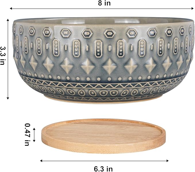 8 Inch Ceramic Succulent Planter Pots with Drainage Hole Flower Pot for Indoor Plants Round Shallow Bonsai Pot with Bamboo Tray Blue