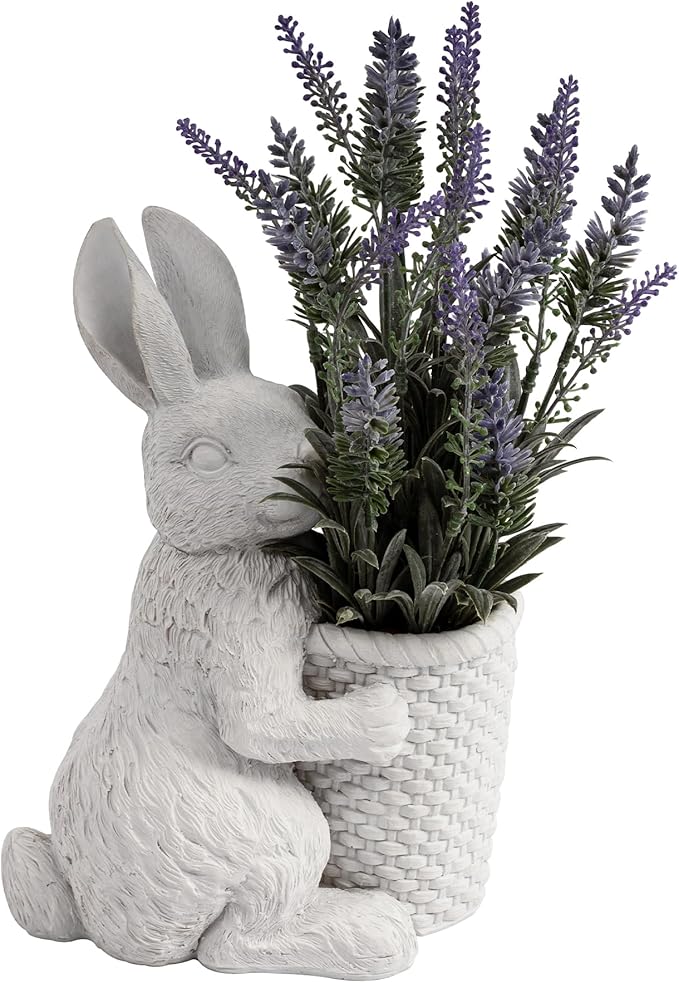 Elegant Resin Statue Flower Pot –Vintage White Swan Planter with Artificial Lavender Plant Indoor Outdoor Rustic Garden Decor – Cute Animal Figurine Gift (Rabbit)