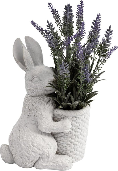 Elegant Resin Statue Flower Pot –Vintage White Swan Planter with Artificial Lavender Plant Indoor Outdoor Rustic Garden Decor – Cute Animal Figurine Gift (Rabbit)
