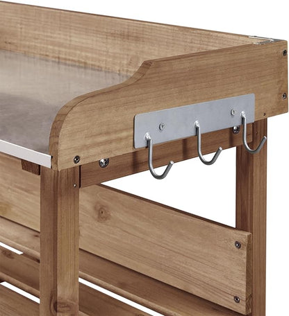 Topeakmart Potting Bench Table w/Metal Tabletop for Garden, Fir Wood Workstation w/3 Tier Shelves, Outdoor Work Bench w/Hook Brown