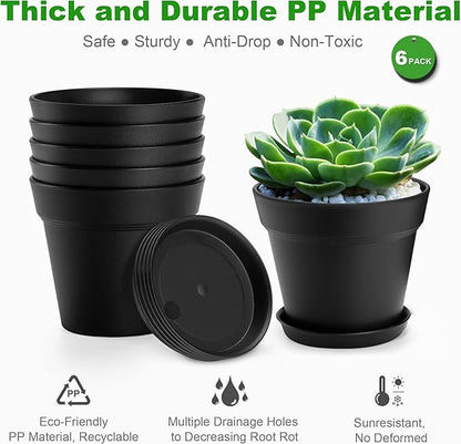4 Inch Plastic Plant Pots 6 Pack, Small Flower Pots with Drainage Holes and Tray, Thickened Indoor Planters Seedlings Nursery Pots, African Violet, Succulent and All House Plants, Black